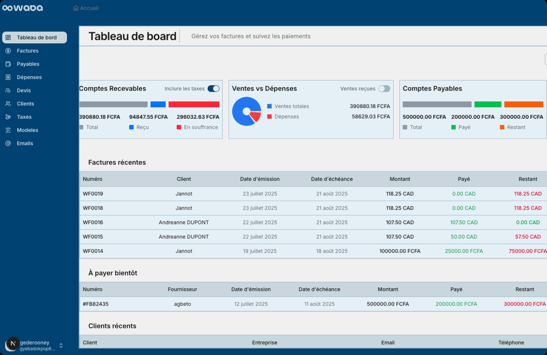 Un apperçu de l'application de facturaction et de compatbilité waba